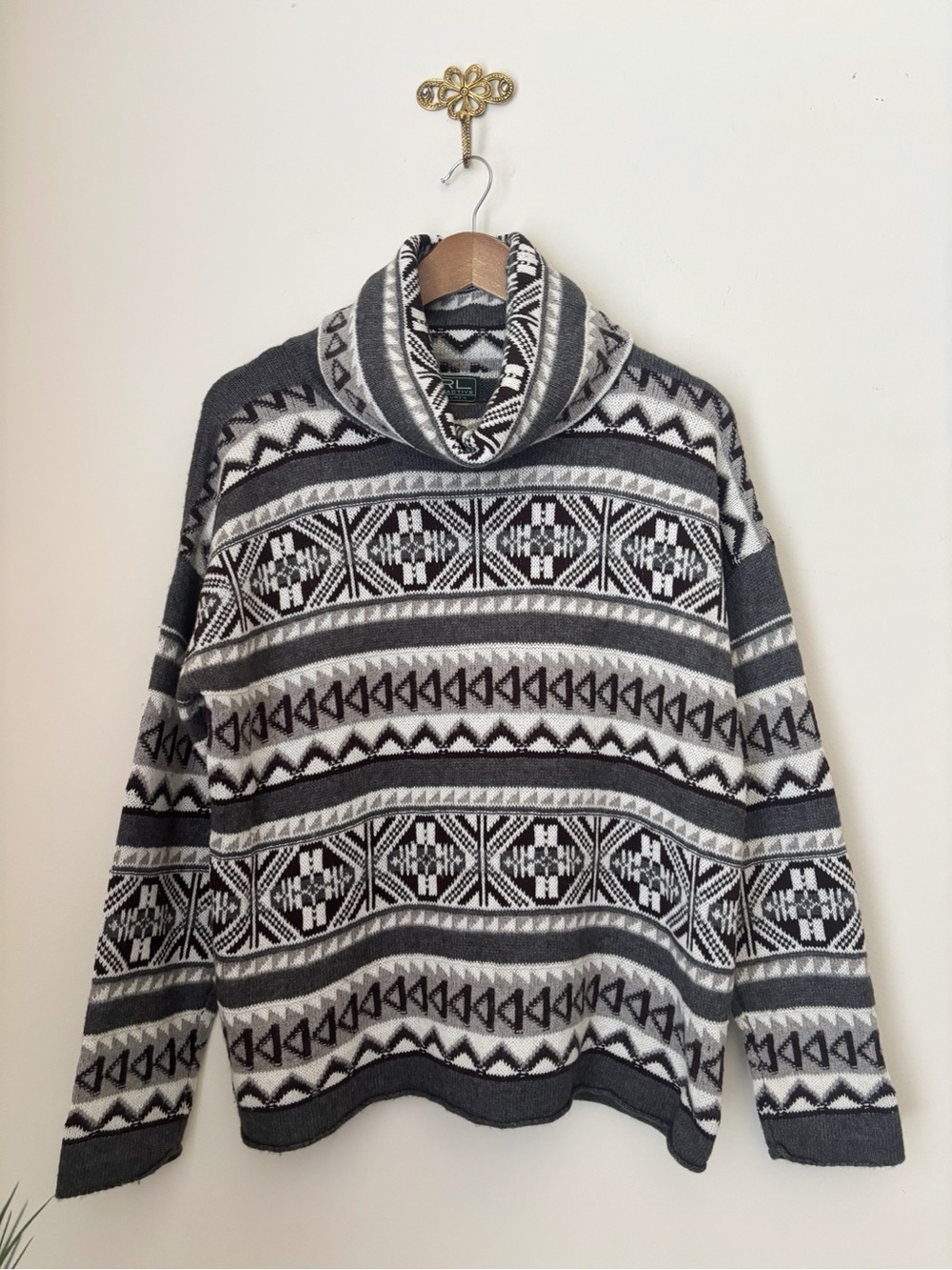 LRL Ralph Lauren Active Fair Isle Cowl Neck Sweater Large Nordic Apres Ski
